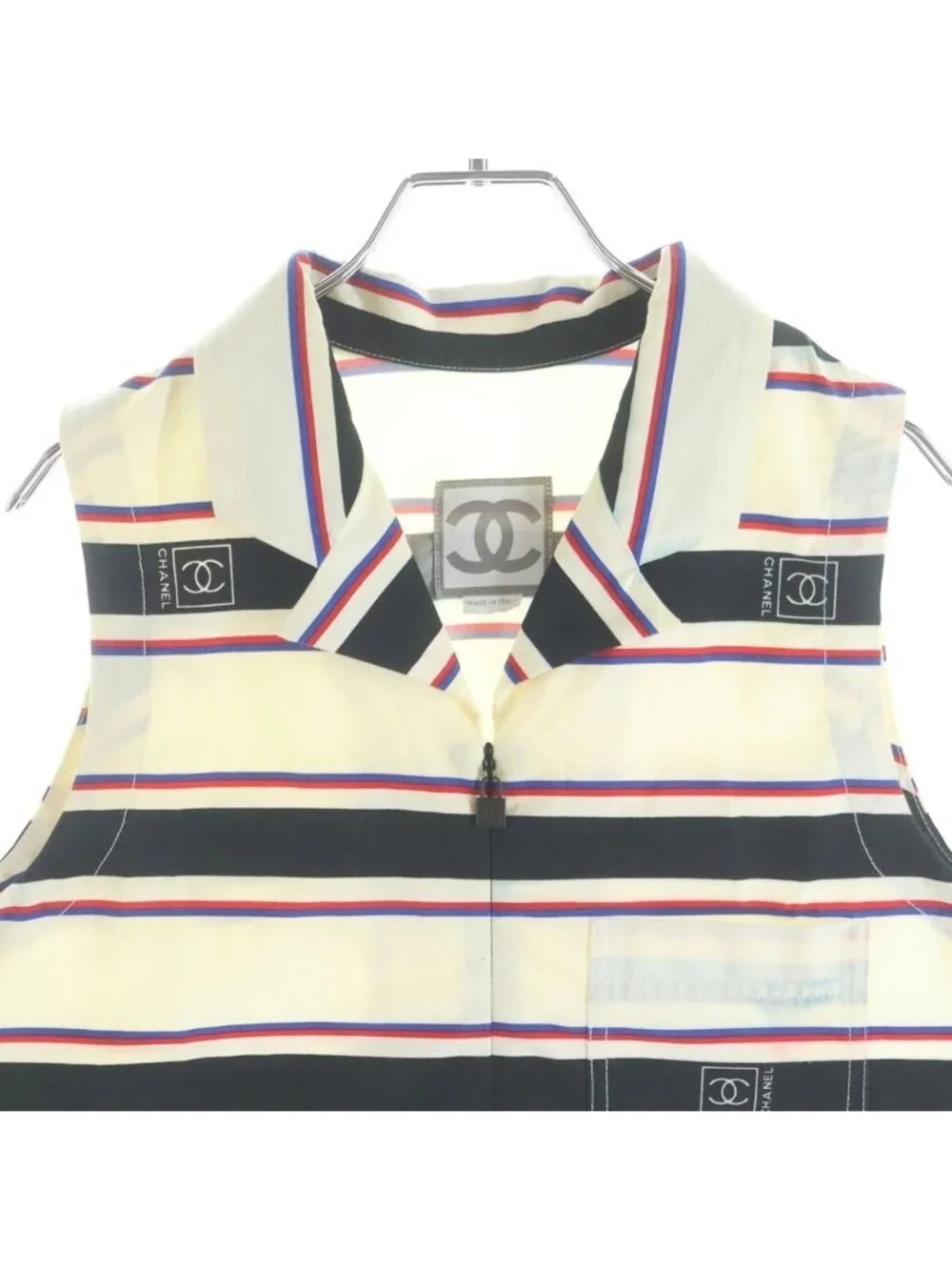 Chanel Multi Border Front Zip Sleeveless Dress Beige